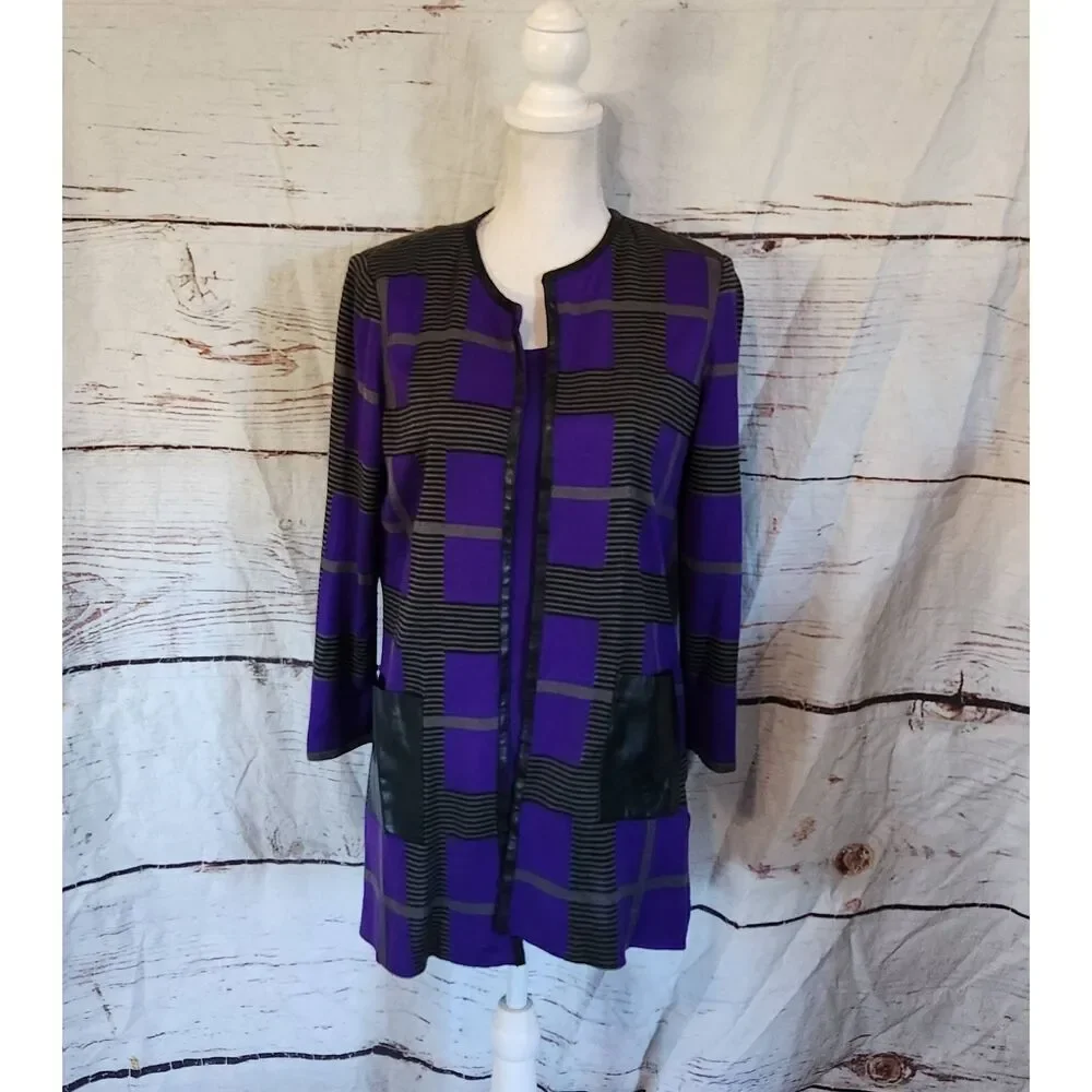 Misook Purple and Black Plaid Knit Leather‎ Trim Cardigan Set Size Small